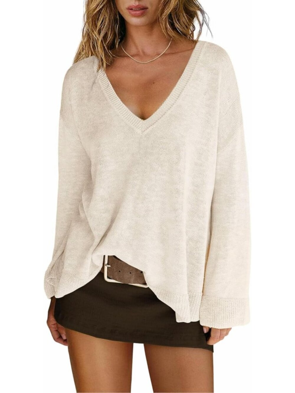 Oversized V Neck Lightweight Knit Sweater Tunic Pullover Top for Women